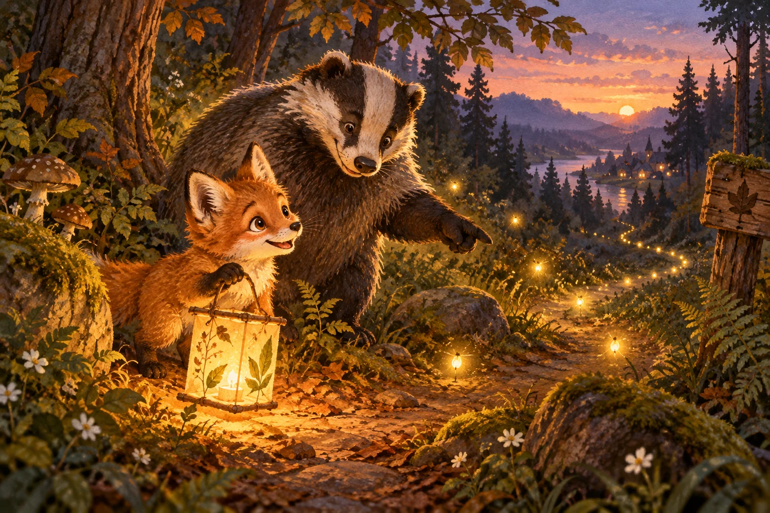 Ein kleiner Fuchs trägt eine Papierlaterne am Waldweg; ein Dachs zeigt ihm Glühwürmchen.