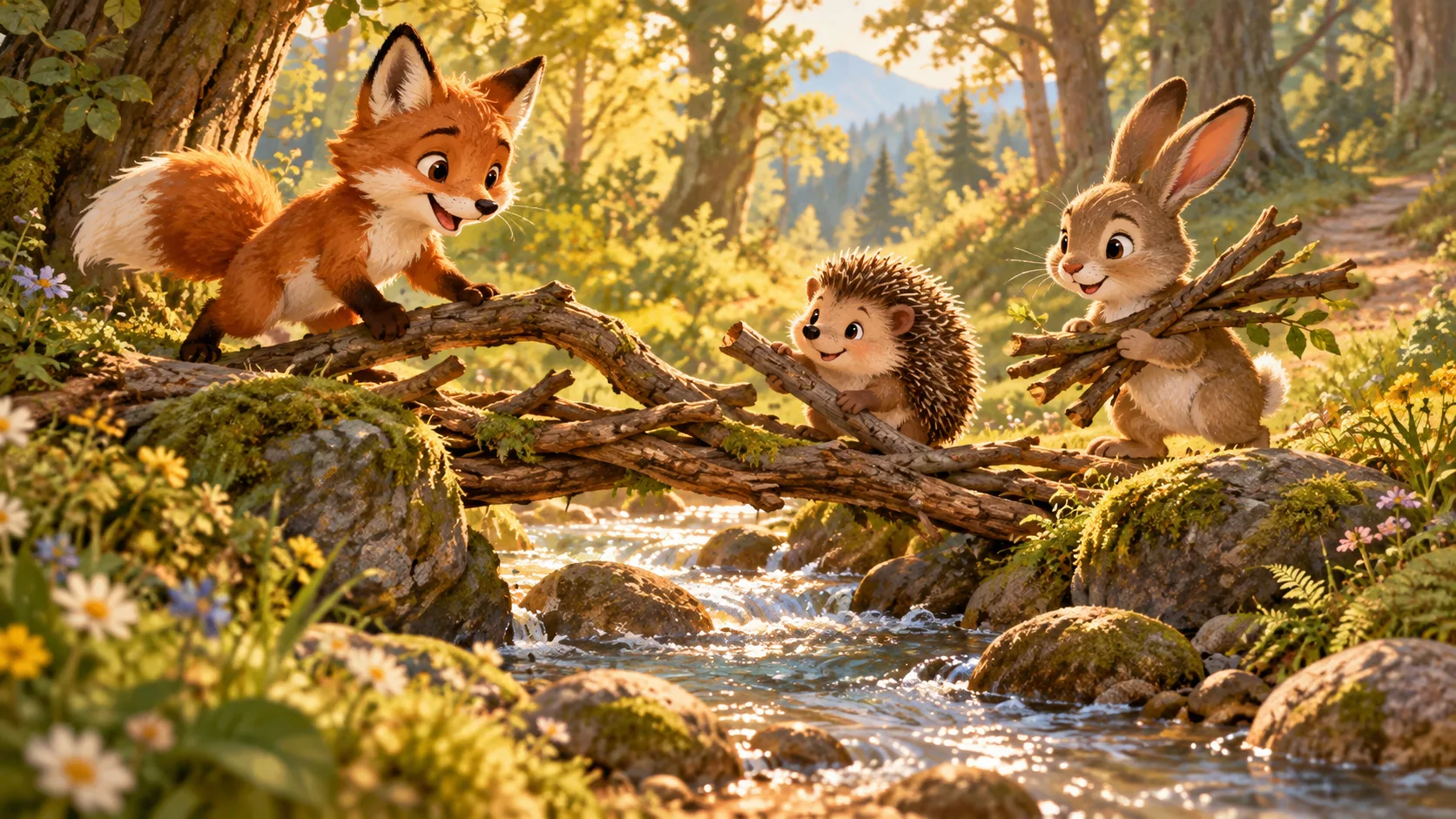 Fuchs, Igel und Hase bauen aus krummen Ästen eine Brücke über den Waldbach.
