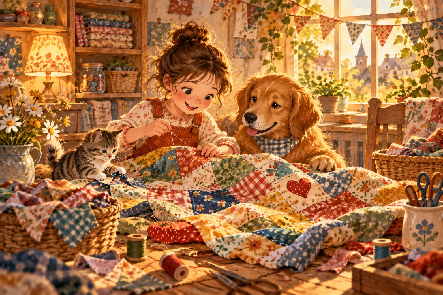 Feli und eine Freundin nähen in warmem Licht eine bunte Picknickdecke aus Stoffstücken.