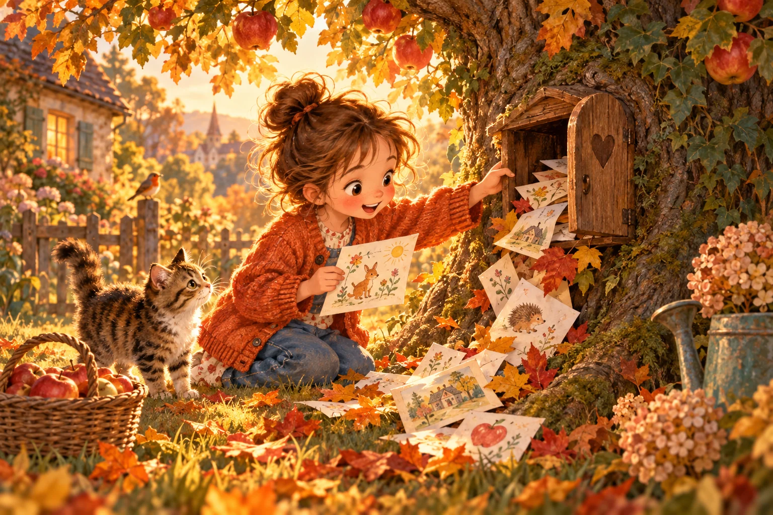 Kiki entdeckt zwischen bunten Herbstblättern einen kleinen Briefkasten im Apfelbaum.