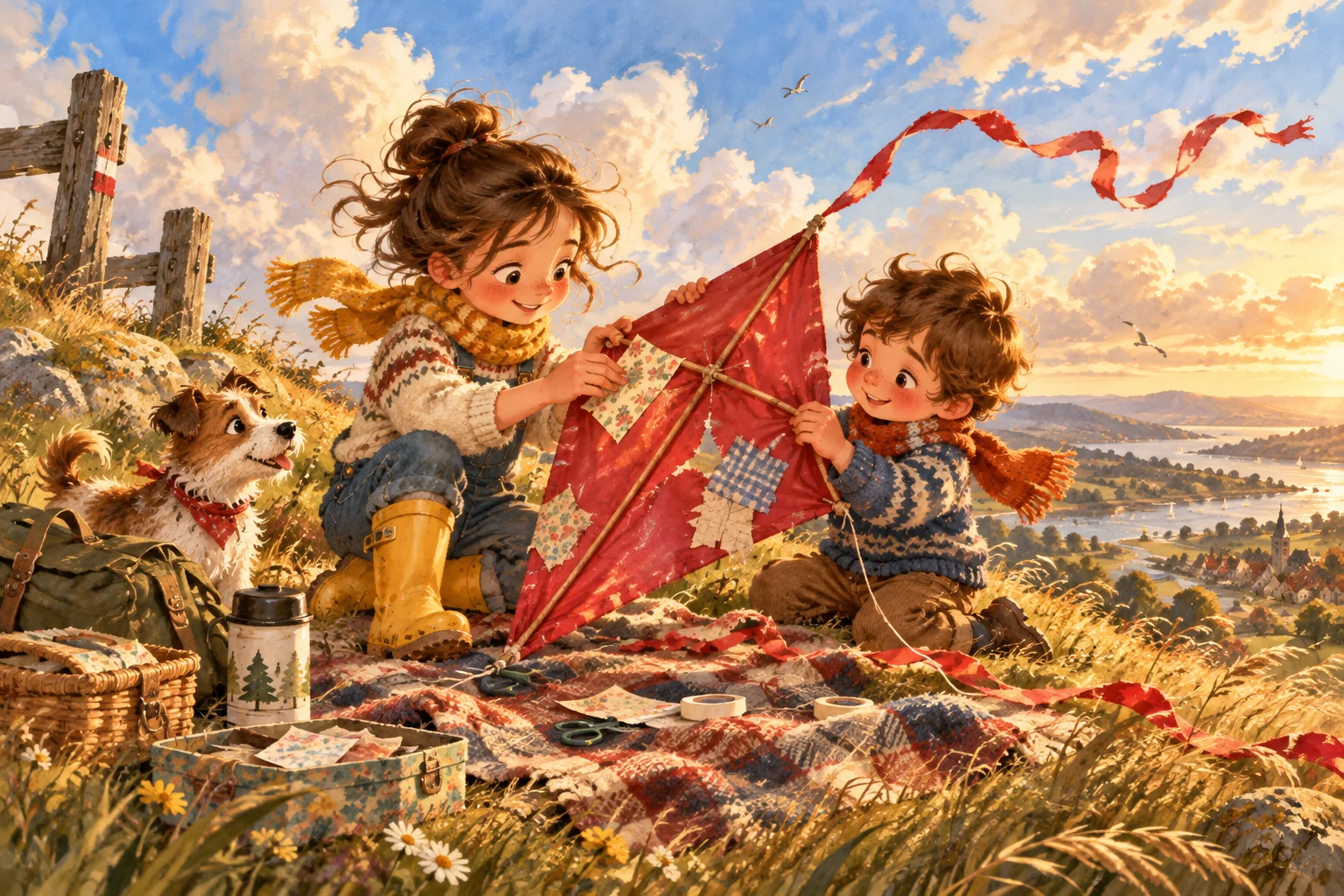 Lea und ihr Bruder reparieren auf einem windigen Hügel einen roten Papierdrachen.