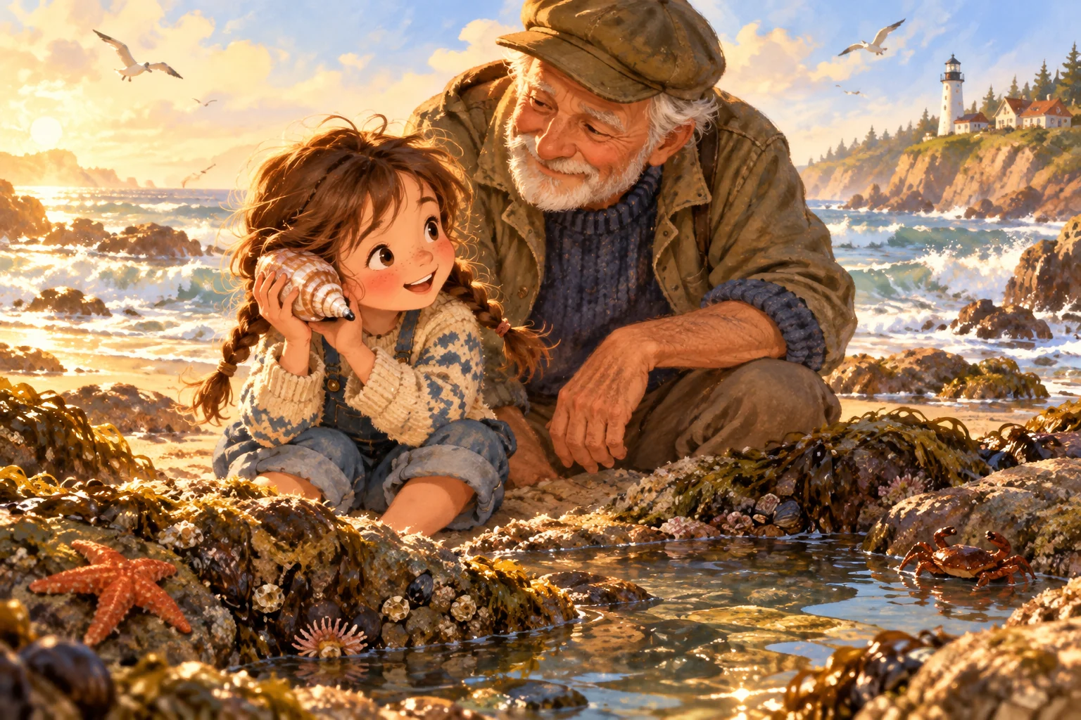 Nana hält am Strand eine Muschel ans Ohr, während ihr Großvater neben ihr sitzt.