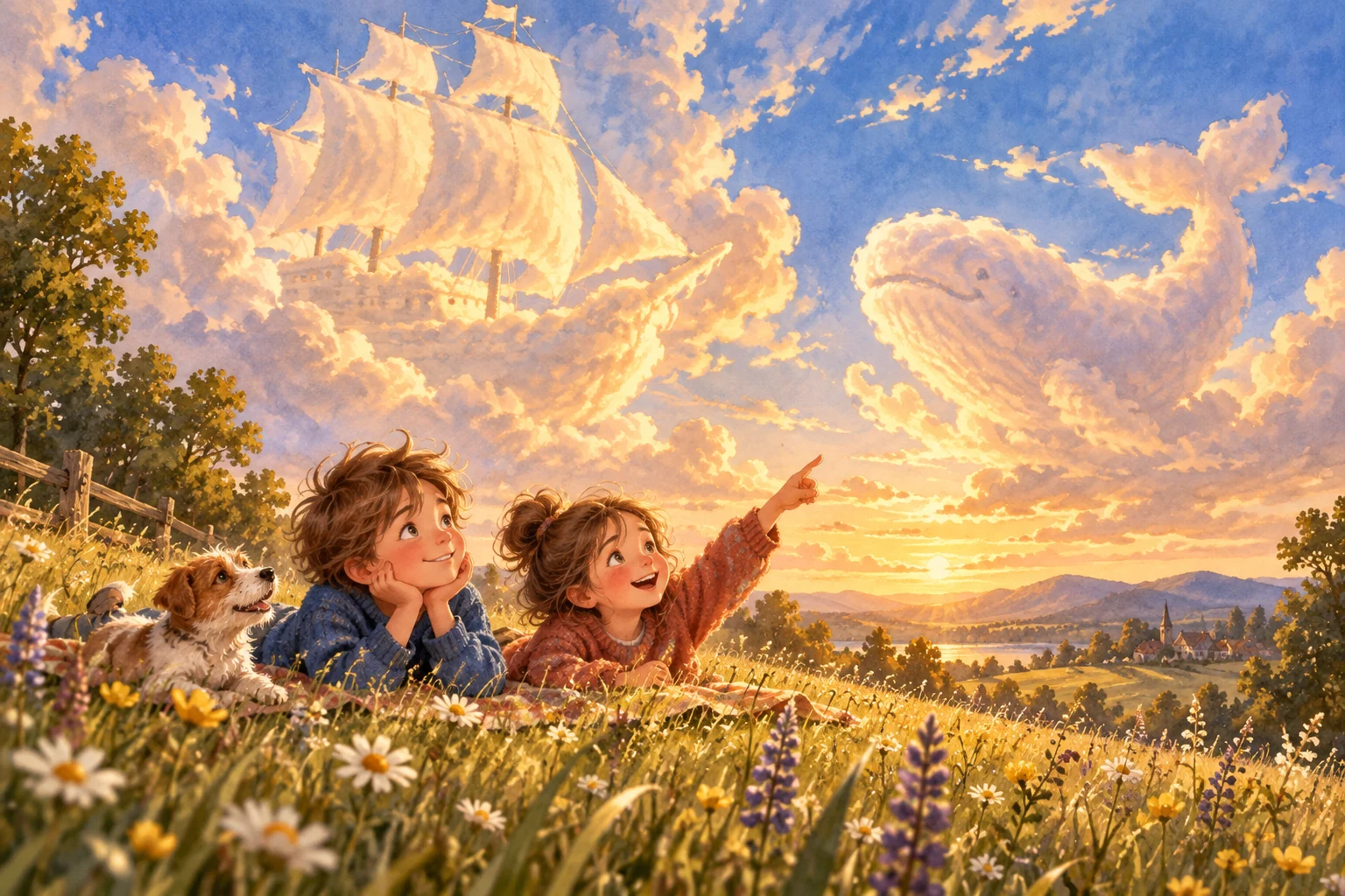 Noah und eine Freundin betrachten auf einer Wiese eine große Wolke wie ein Schiff.