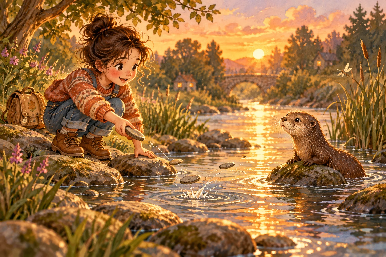 Sana und ein kleiner Otter entdecken flache Steine am ruhigen Flussufer.