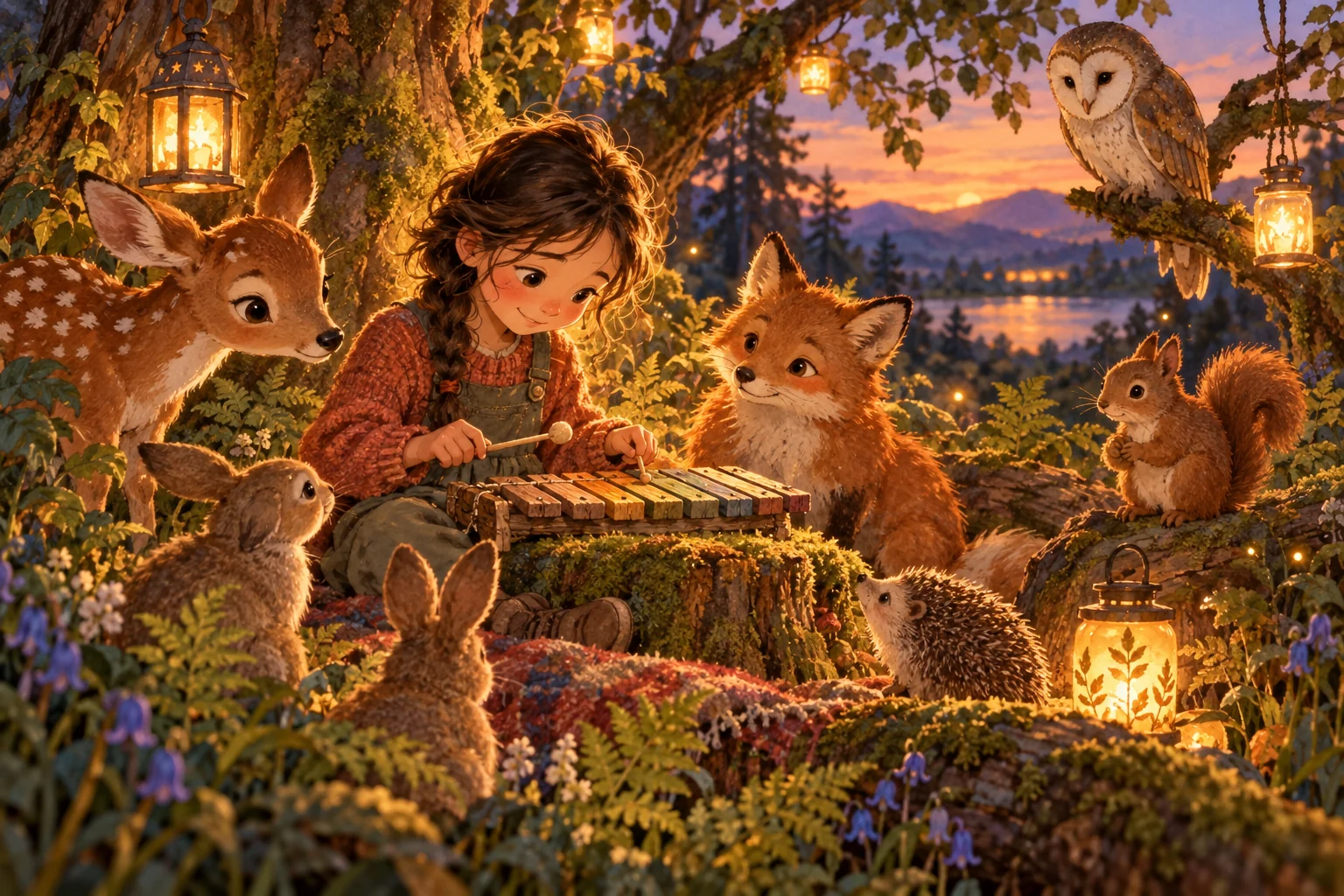 Tala spielt ein selbstgebautes Klangspiel für eine kleine Tiergruppe im Abendwald.