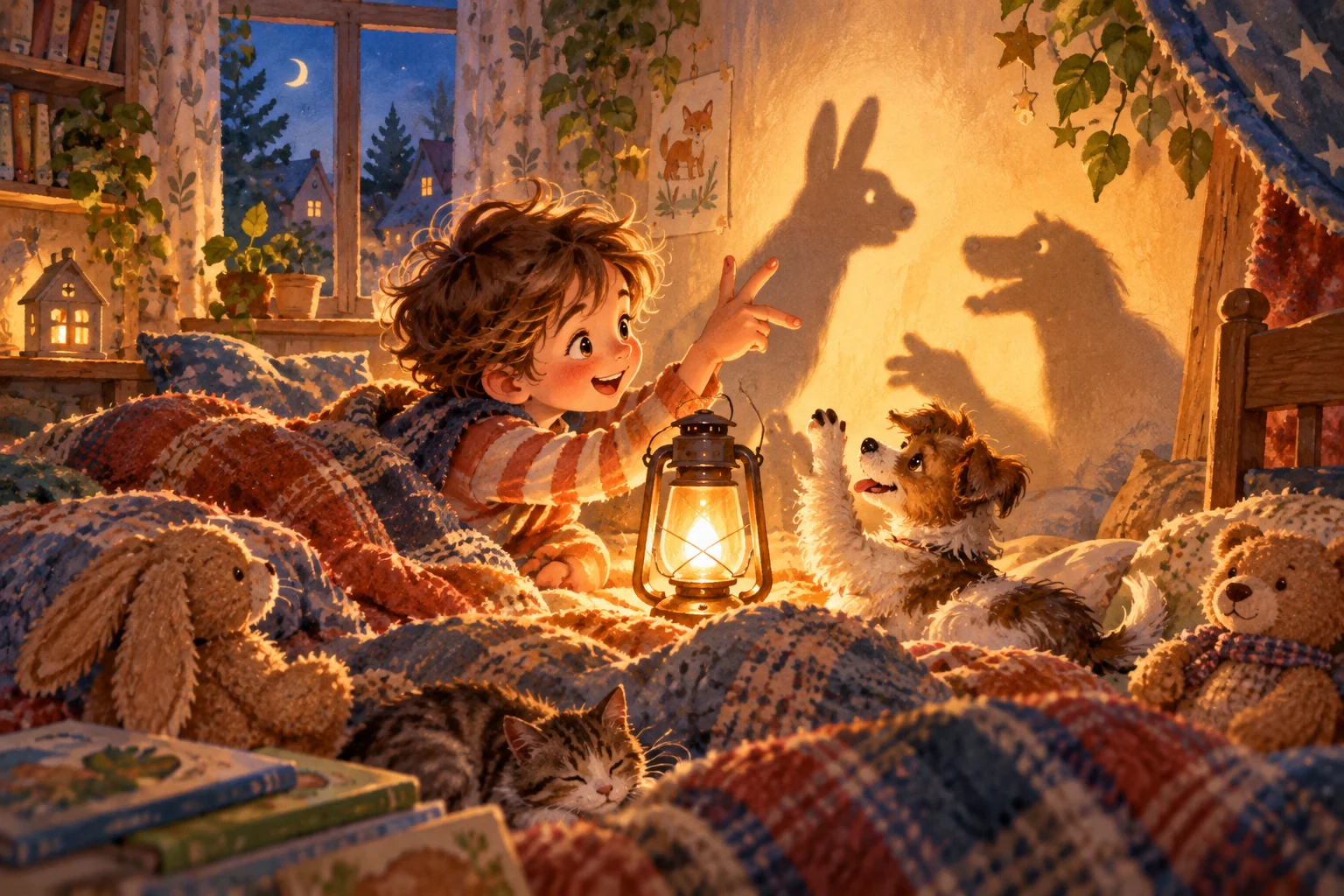Yuri und ein Freund machen Tierfiguren als Schatten im warmen Kinderzimmer.